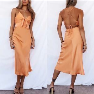 Hello Molly Elegant Orange satin open back Midi Dress, size M
